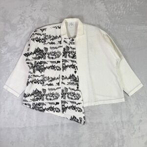 M Square Button Down Shirt Womens OS White Black Asymmetrical Linen Abstract